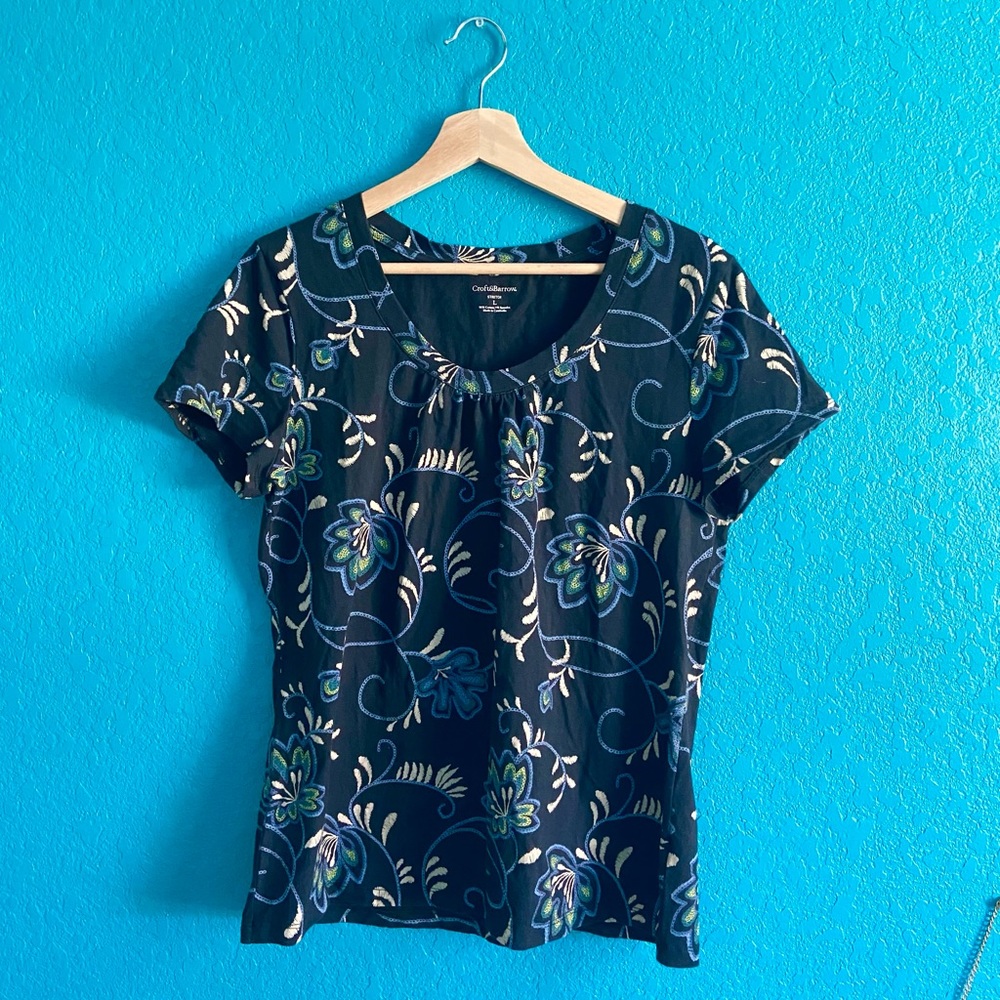 Black Blue Sitchjng Floral Blouse Shirt Top